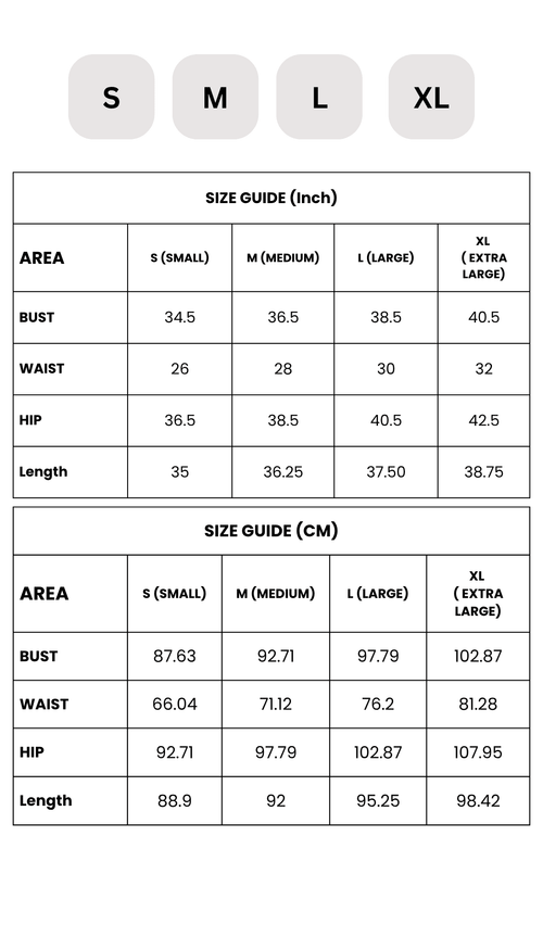 Rosebubble Midi Dress Size Chart